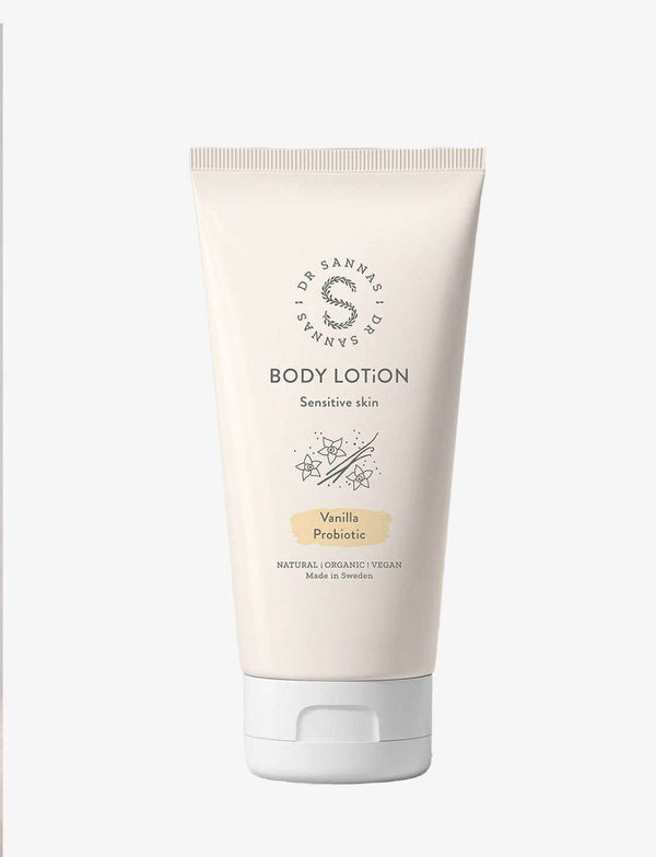 Dr Sannas kroppslotion med probiotika, vanilj, i vit tub
