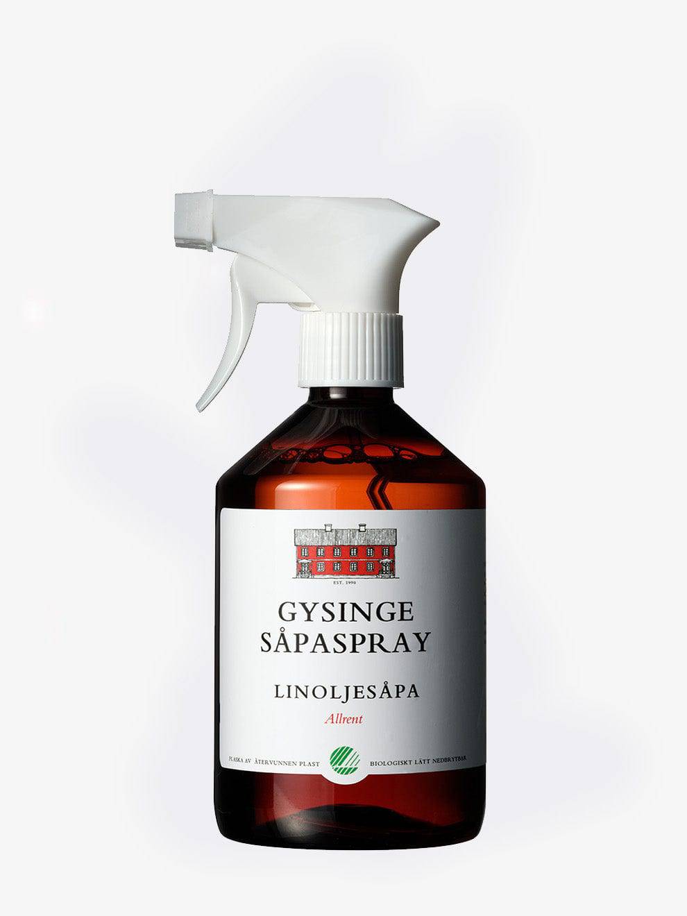Gysinge linoljesåpa såpaspray i brun sprayflaska på ett trägolv