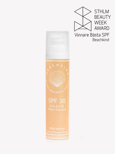 Beachkind mineralsolskydd SPF 30 i orange flaska, 100 ml, med märket Sthlm Beauty Week Award vinnare bästa SPF