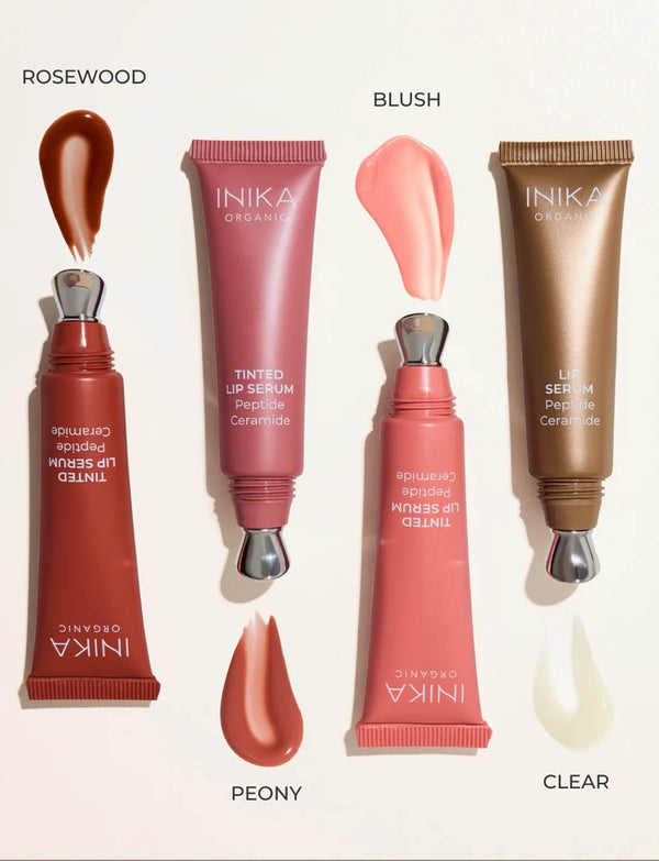 Fyra tuber INIKA Tinted Lip Serum med färgprover