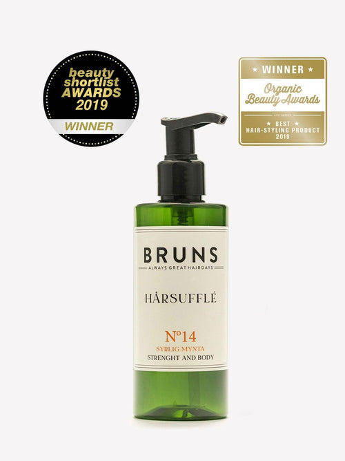 Bruns Hårsufflé Nº 14 i mindre pumpflaska med två utmärkelsemärken