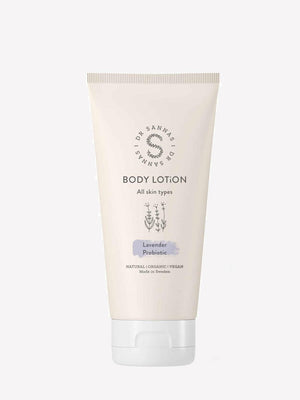 Dr Sannas kroppslotion med probiotika, lavendel, i vit tub